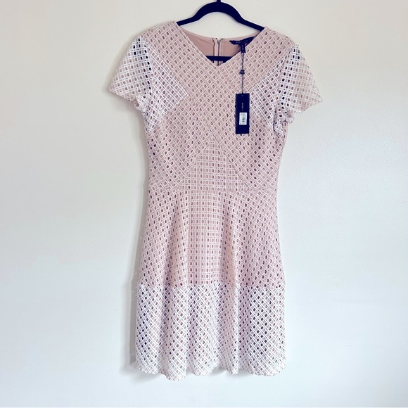 BCBGMaxAzria NWT White Cream Elyze Eyelet Lace Color Blocked A-Line Dress Size M - Picture 4 of 9